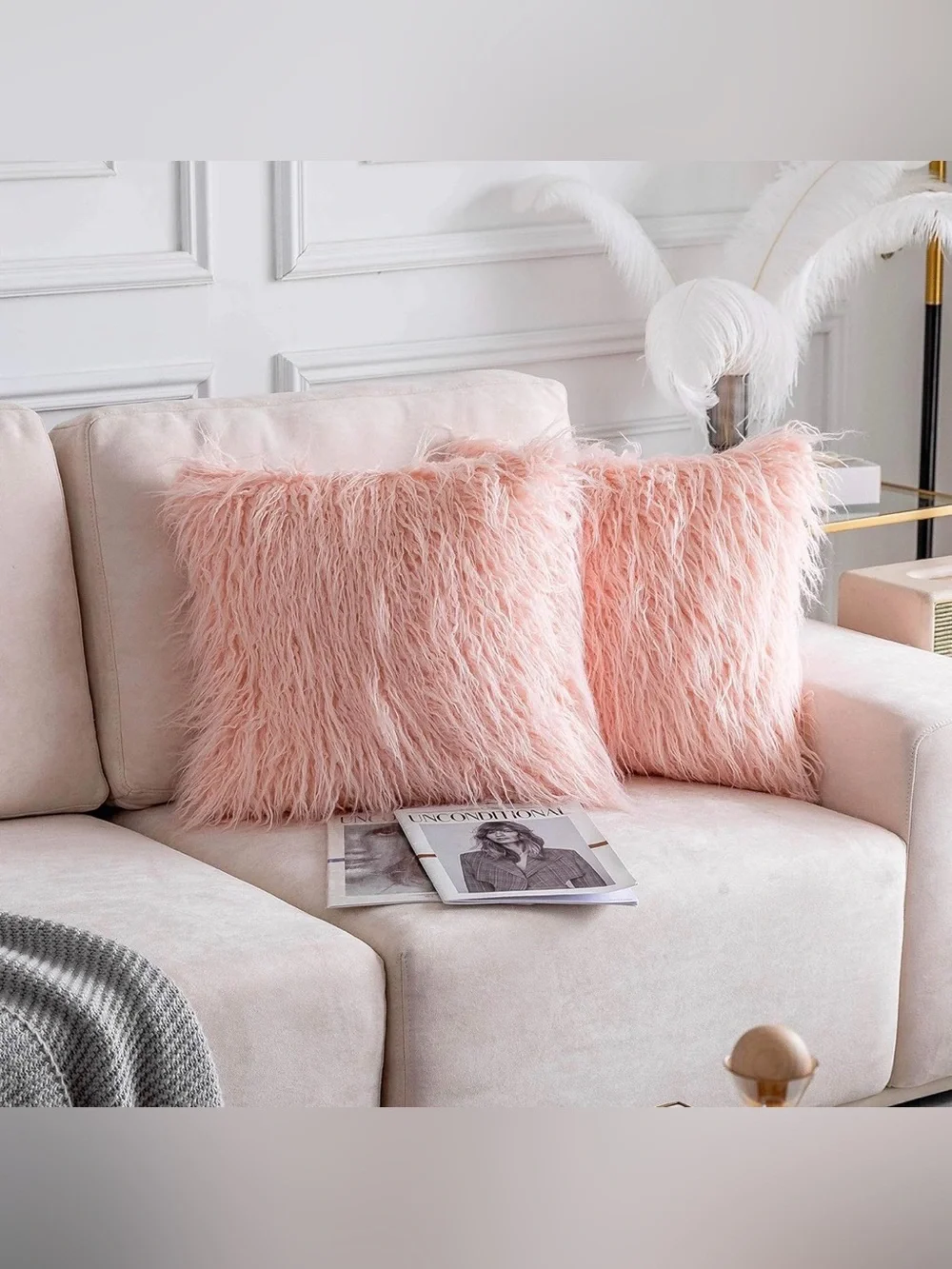 Set of 2 Home Brilliant Pink Pillow Covers 24x24 Faux Fur Euro Sham Large Square